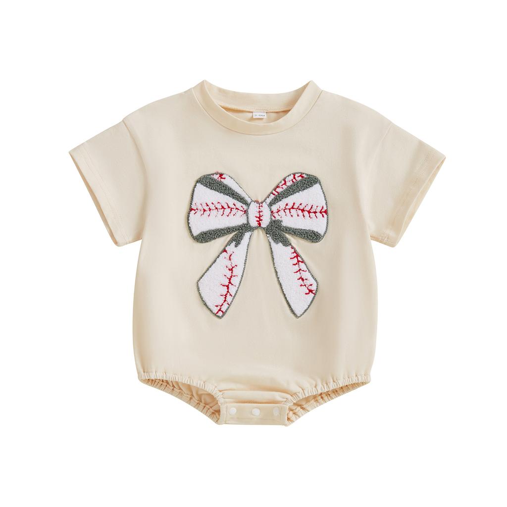 Baby Mädchen Sommer Süßer Strampler Säugling Kurzarm Rundhals Rugby Schleife Stickerei Strampler