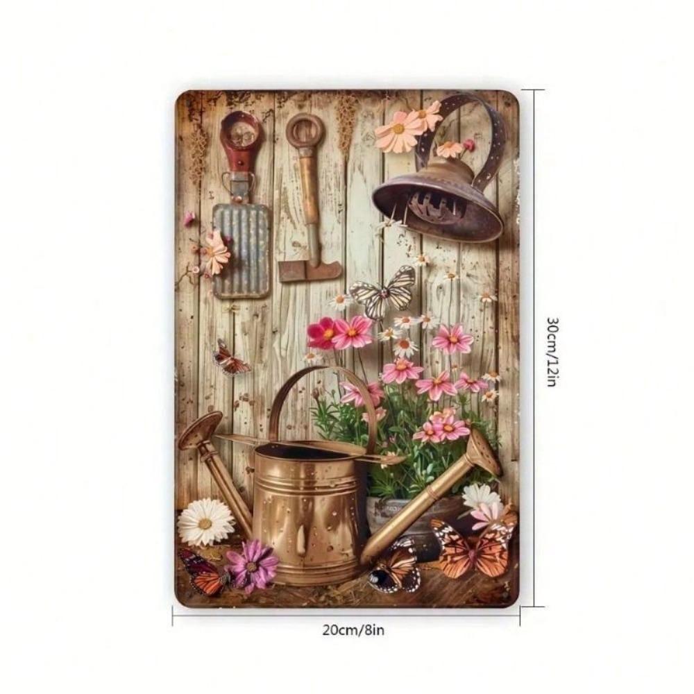 Retro Iron Rose Watering Can Metal Poster, Wall Art for Home Garden Garage