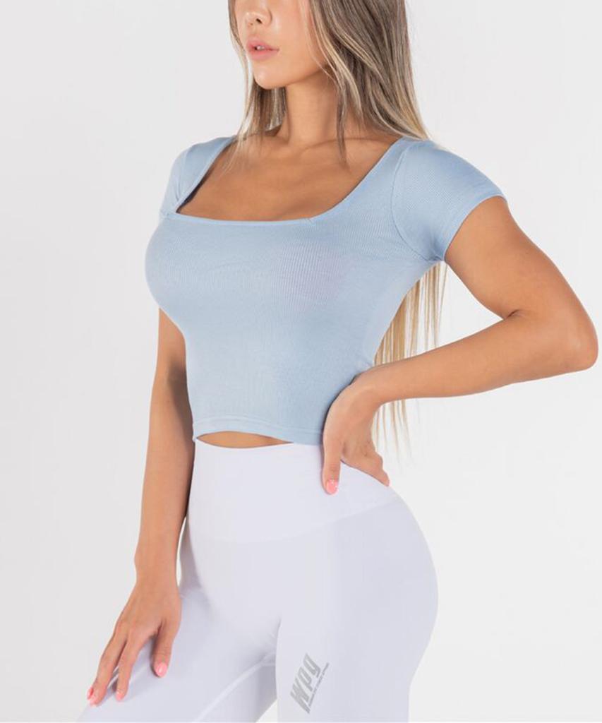 WANNABEZFIT Slim Square Neck Crop Short Sleeve Sky Blue
