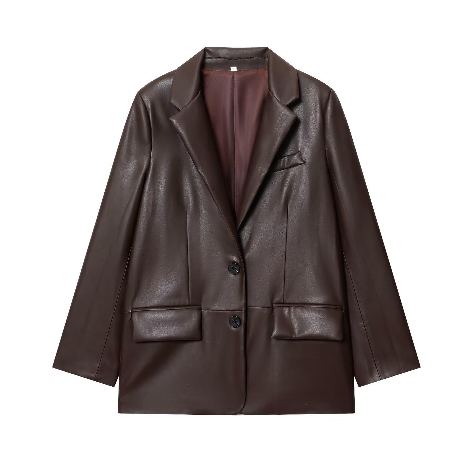 

European & American Women s Casual Leather-Effect Lapel Suit Jacket Small кофейный
