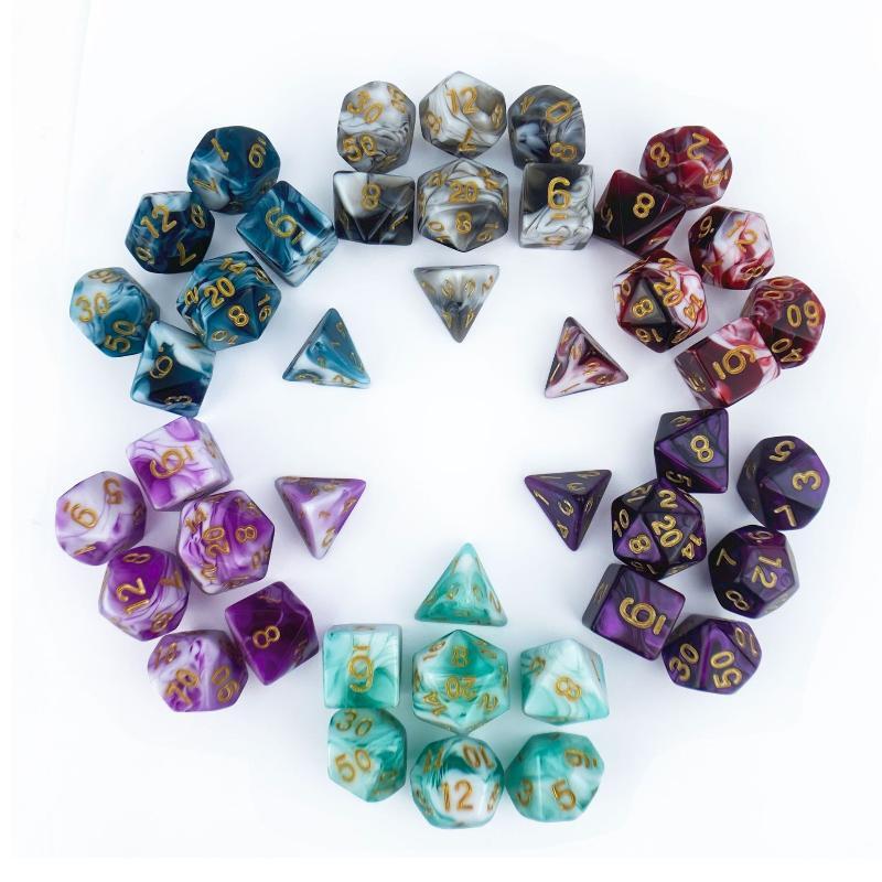 7-teiliges polyedrisches Dnd-Würfelset mit Schriftart, 2-farbigem Marmor, Zählern für D&D RPG, Würfelset mit Aufbewahrungsbeutel