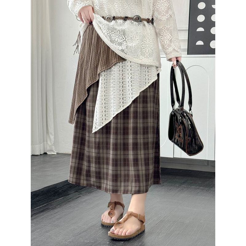 Plus size women clothing [Maillard Set] Autumn Chubby Girl Bohemian Waste Soil Wind Cover up Skirt Two-piece Set