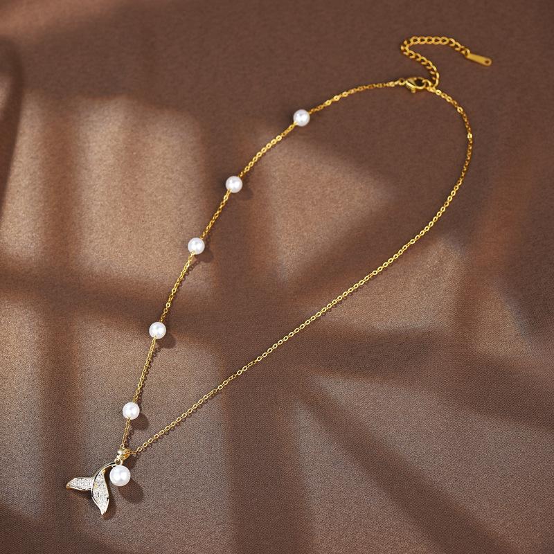 Titanium Steel Necklace Ins Female Fishtail Pearl Necklace Fashion Versatile Collarbone Chain Temperament Pearl Chain With Jewelry