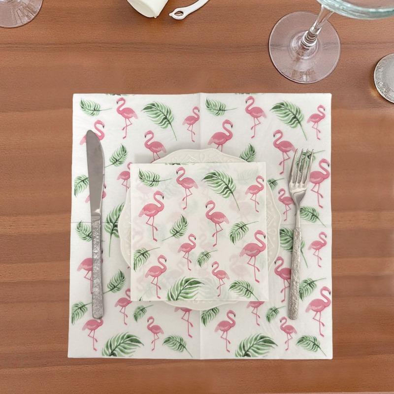 Flamingo Napkins, 33cm 2-Ply Pink Flamingo with Green Leaves Pattern for Pool Outdoor Summer Party Decor, 20pcs