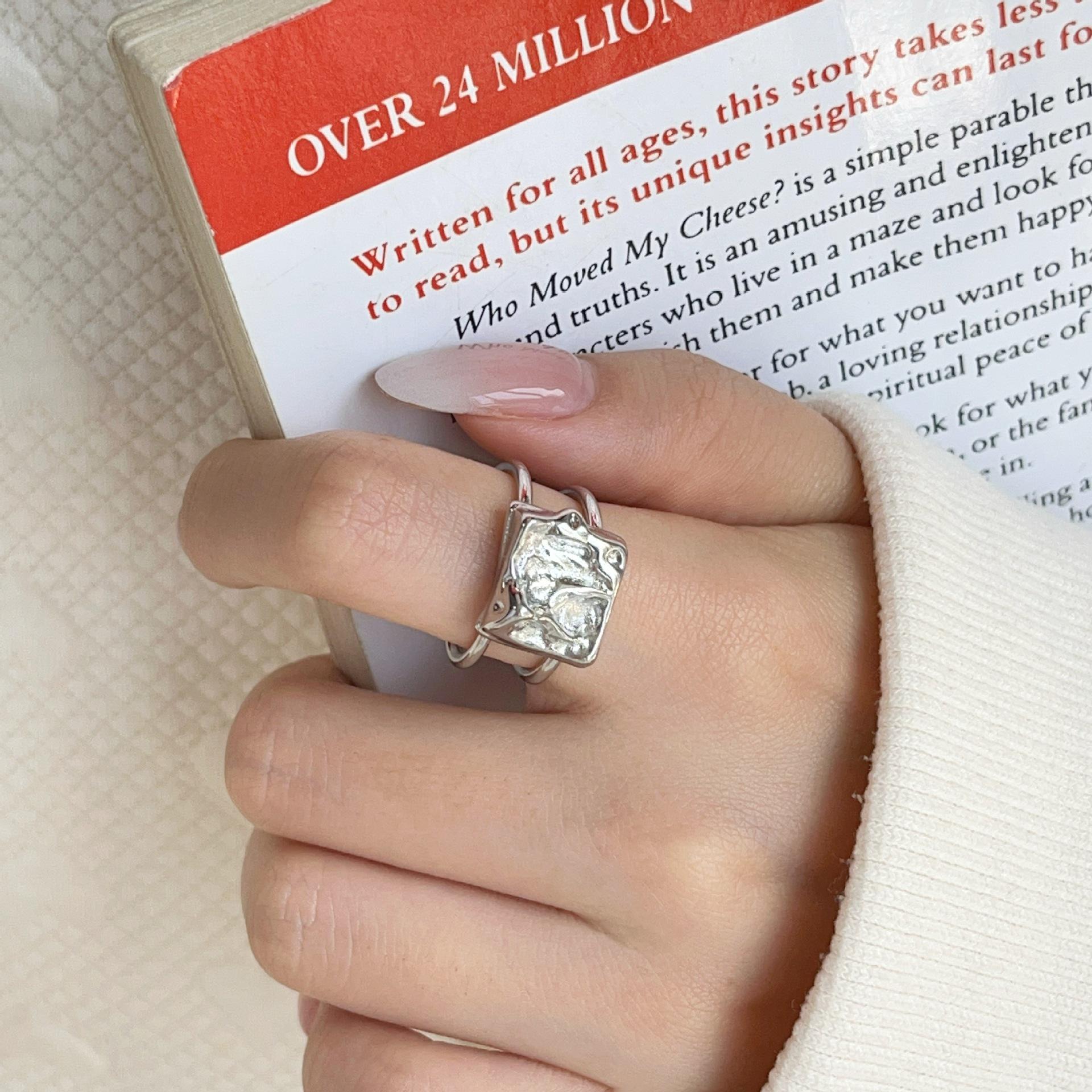 

Minimalist Double Ring with Square Textured Rock Style Adjustable Open Ring