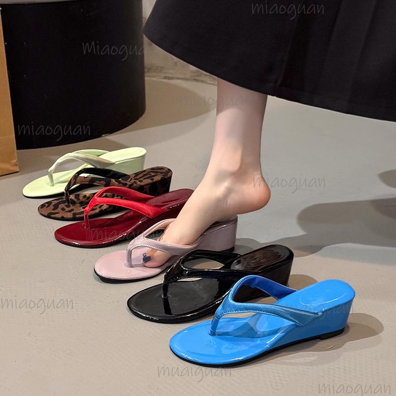 Fashion Wedges High-heeled Flip Flops Summer Footwear Women Leopard Solid Color Beach Sandals Fashion Casual Slippers Zapatos De Mujer