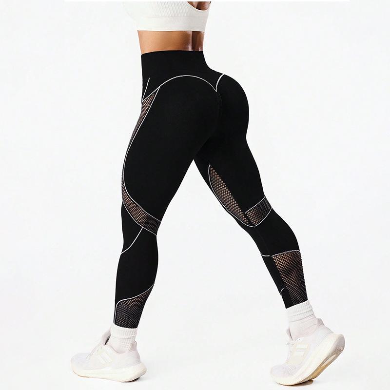 Women s Seamless Mesh Yoga Pants - Hip Lift, Color Block, Fitness Tights Small чёрный
