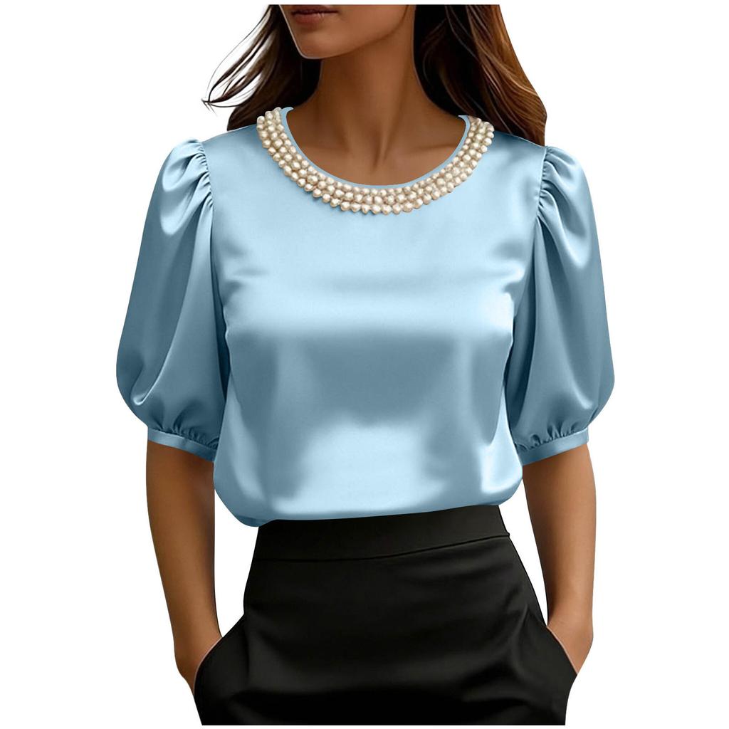 Women's Fashion Loose Fit Satin Pearl Collar Short Sleeve Blouse Top Casual Elegant Office Wear