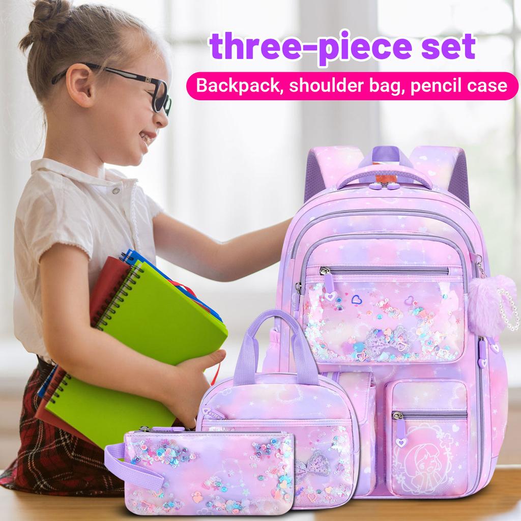 Mädchen Rucksack mit Aufdruck, Lunchtasche und Federmäppchen Set