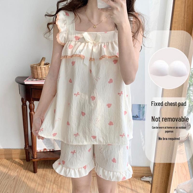 Women's Cloud Cotton Camisole Pajamas with Built-in Bra - Summer Sweet Style, Two-Piece Shorts Set, Wear Indoors or Out.