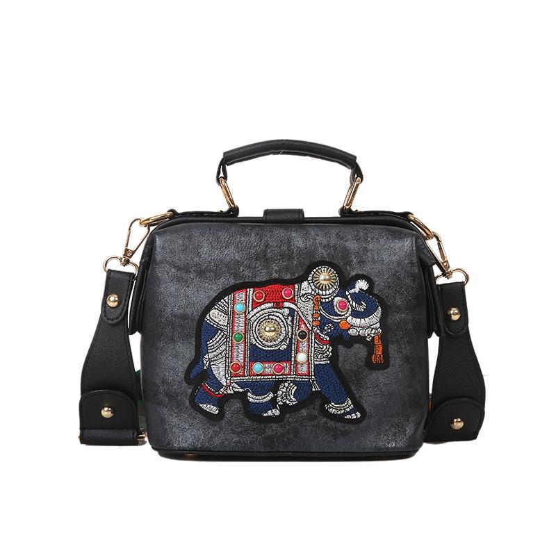 Vintage Embroidery Elephant Women's Handbags Soft PU Leather Thailand Exotic Portable Women's Messenger Bag Fashion Female Small Square Crossbody Bags
