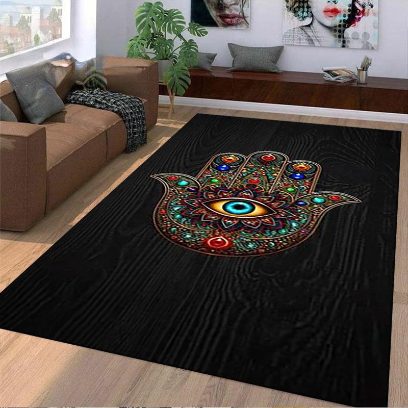 Hamsa Hand Carpet with Colorful Eye Design on Black Background Suitable for use as an anti-slip for living room bedroom sofas