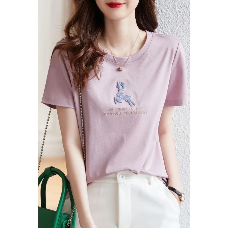 

Women s Deer Embroidery Letter Print Short Sleeve White T-Shirt S розовый