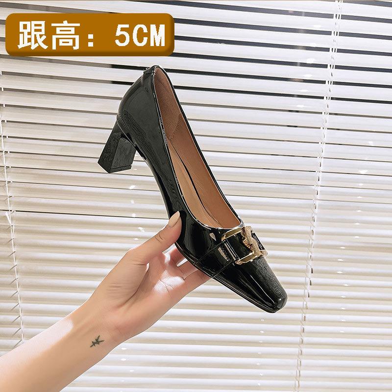 High heels women's thick heels are not tired of feet 2025 new spring and autumn women's shoes patent leather French square head shallow mouth single