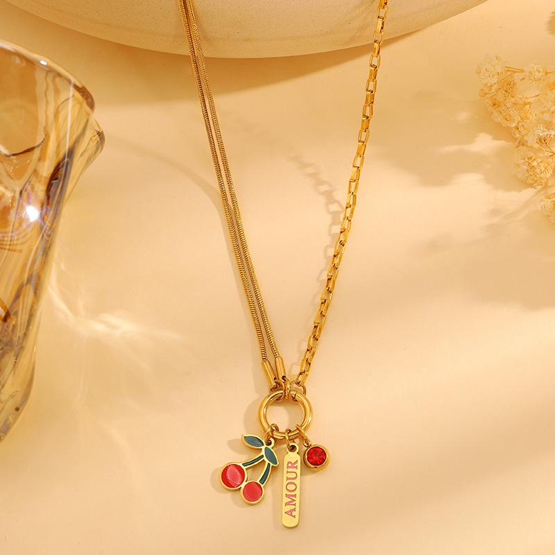 Fresh and sweet red cherry pendant necklace female non-fading light luxury niche double-layer oil dripping DIY jewelry necklace