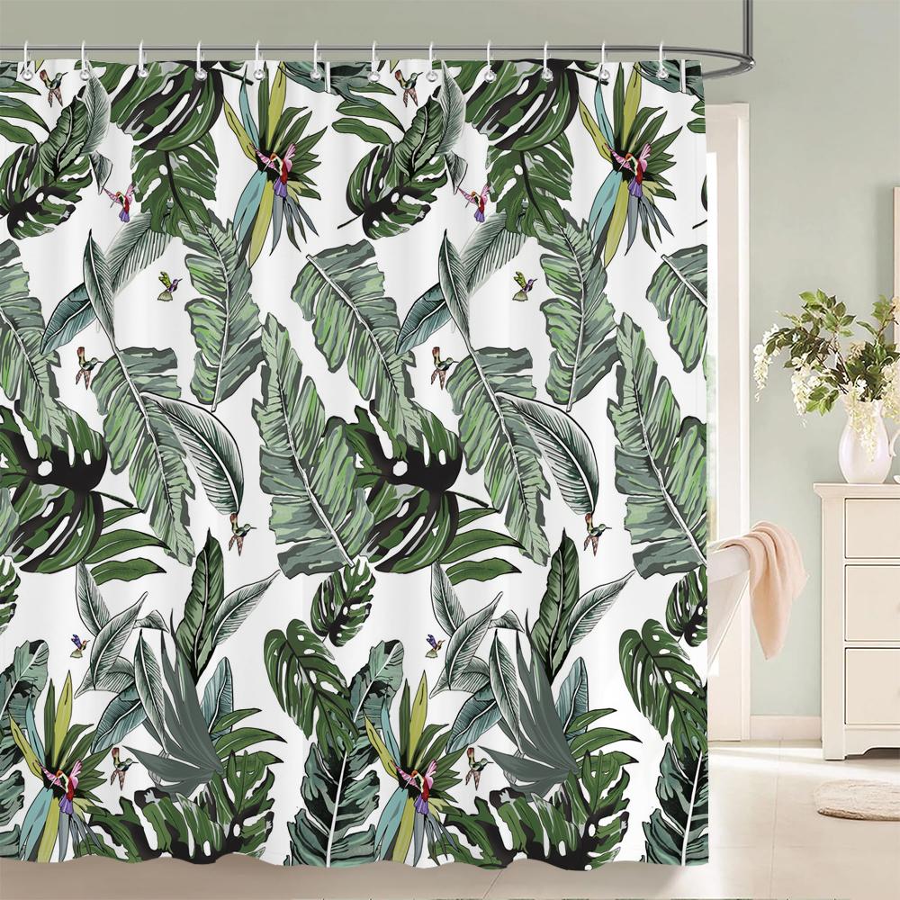 Green Leaf Plants And Flowers Shower Curtain Print Modern Nordic Minimalist Polyster Home Decor Bathroom Curtain With Hooks