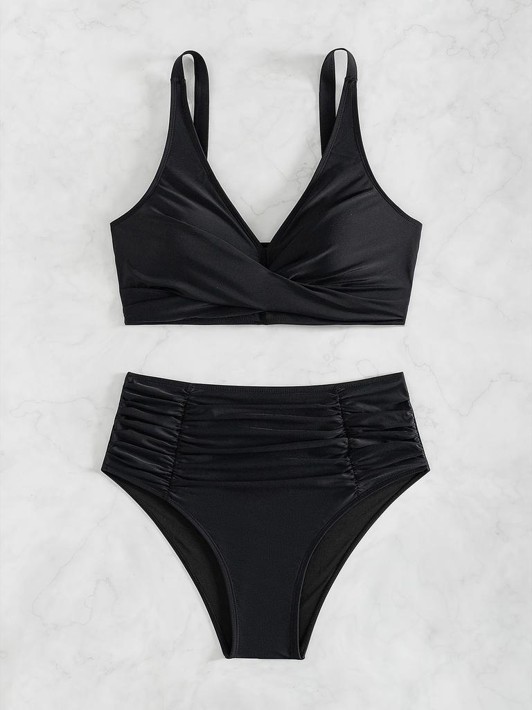 Solid Ruched High Waist Sexy Bikini Set Elegant Slimming Two Piece Swimwear