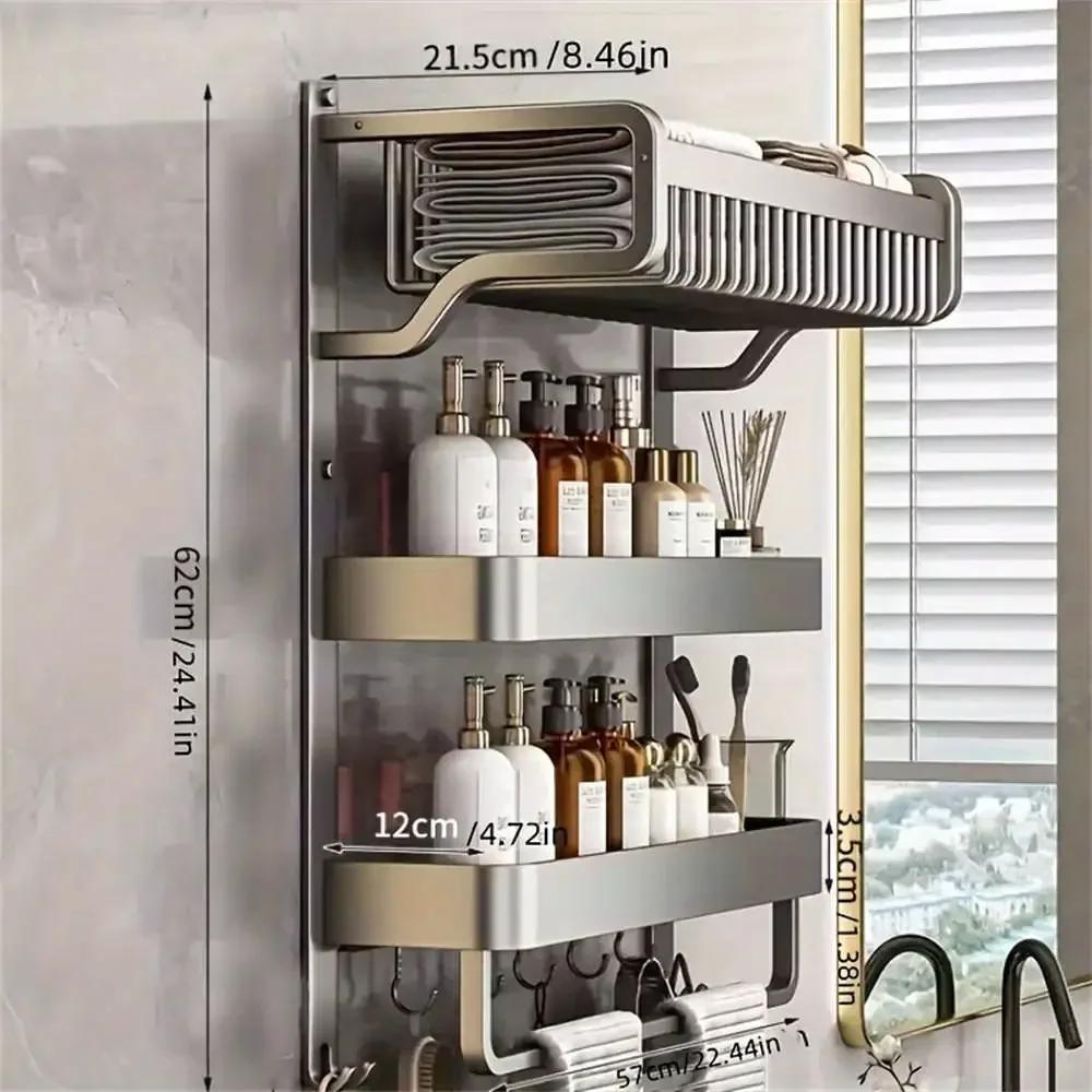 Bathroom Space Storage Towel Items Storage Rack Shampoo Bottle Mouthwash Cup Triple Shelf Wall Hooks Bathroom Accessories