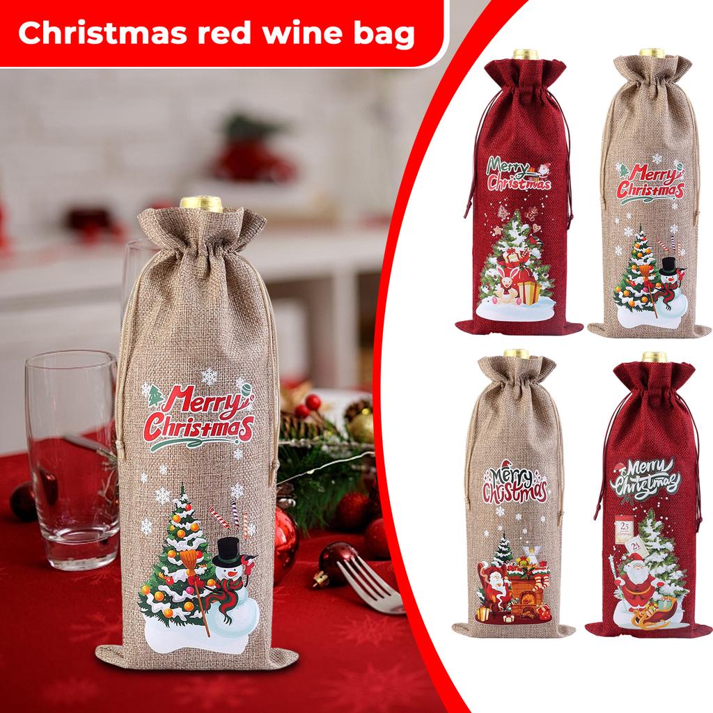 Christmas Red Wine Bag, New Linen Bottle Bag, Gift Party Red Wine Packaging Bag, Drawstring Drawstring Drawstring, Christmas Gift Bag