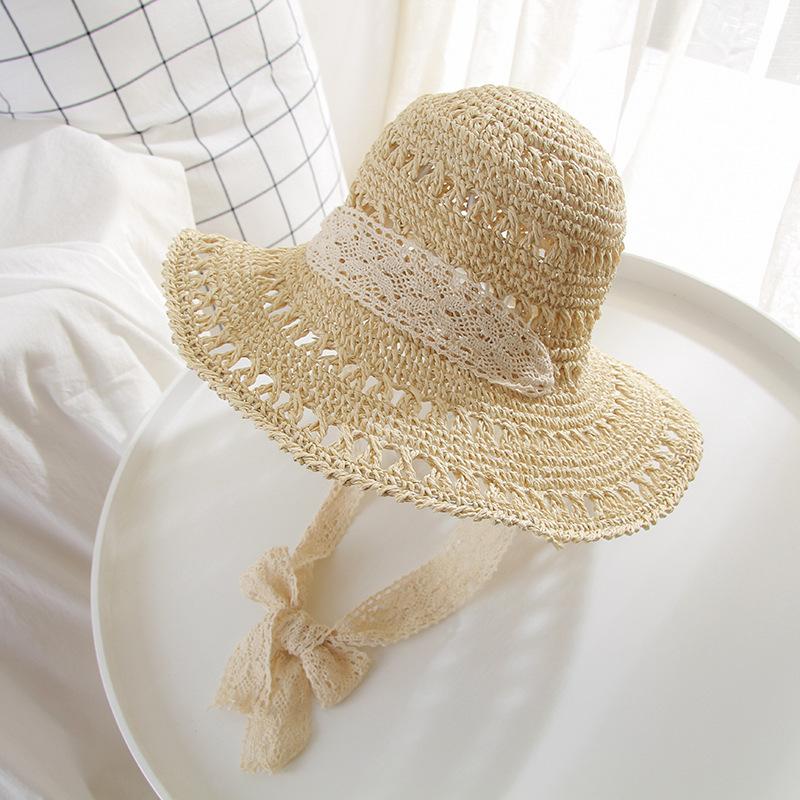 Style Hat Versatile Straw Woven Lace Strap Foldable Womens Sunshade Hatscaps
