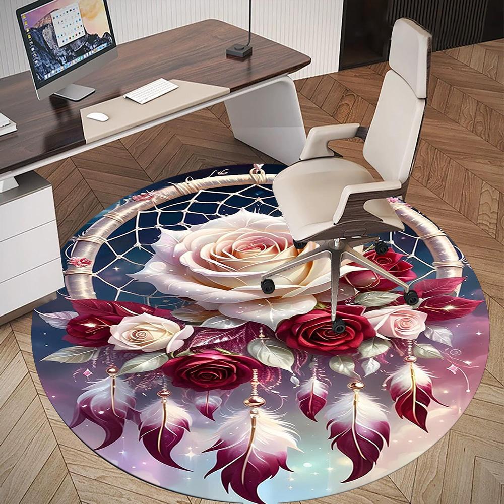 1PC Dreamcatcher Roses Feathers Round Chair mat Area Rug - Non-Slip, Floor Mat for Office, Bedroom, home decor Christmas Gift c0528019