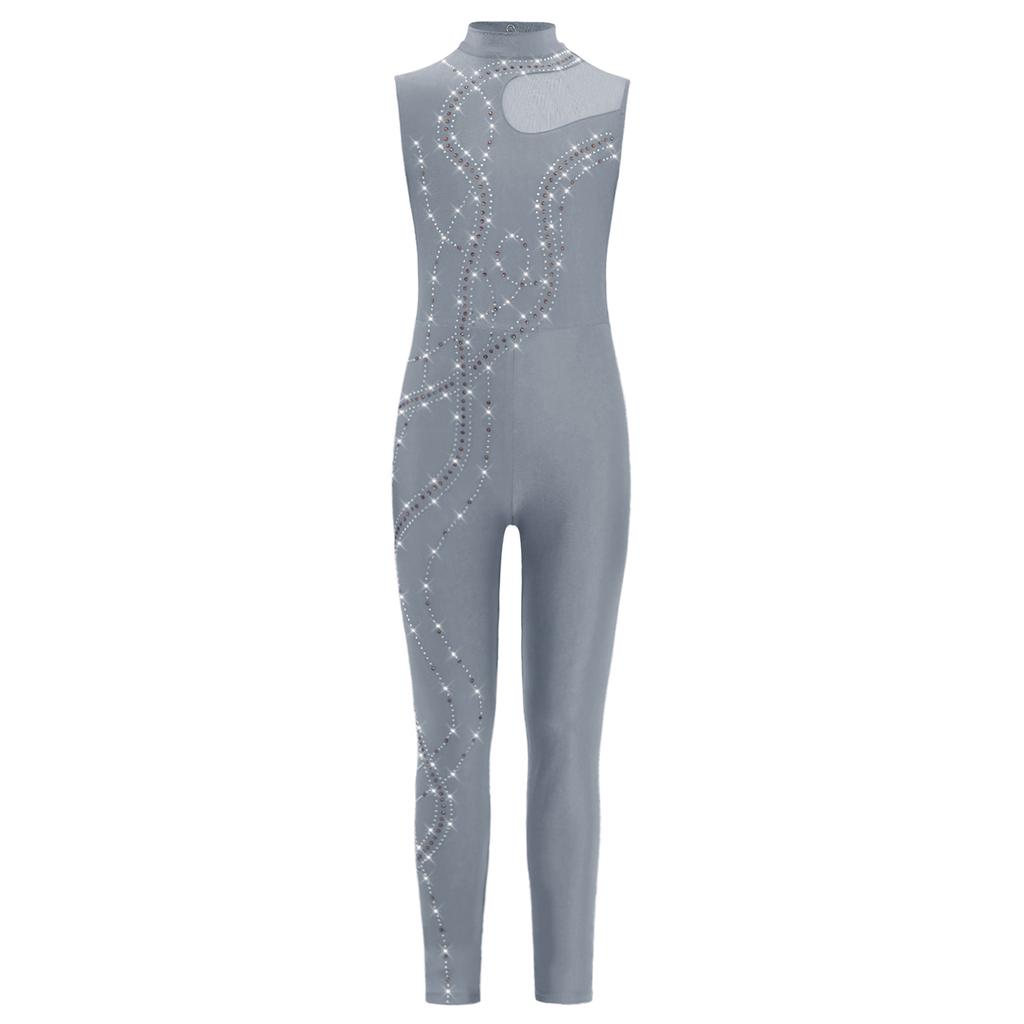 Girls Dance Bodysuit Sparkly Rhinestones Sheer Mesh Patchwork Full Body Performance Wear