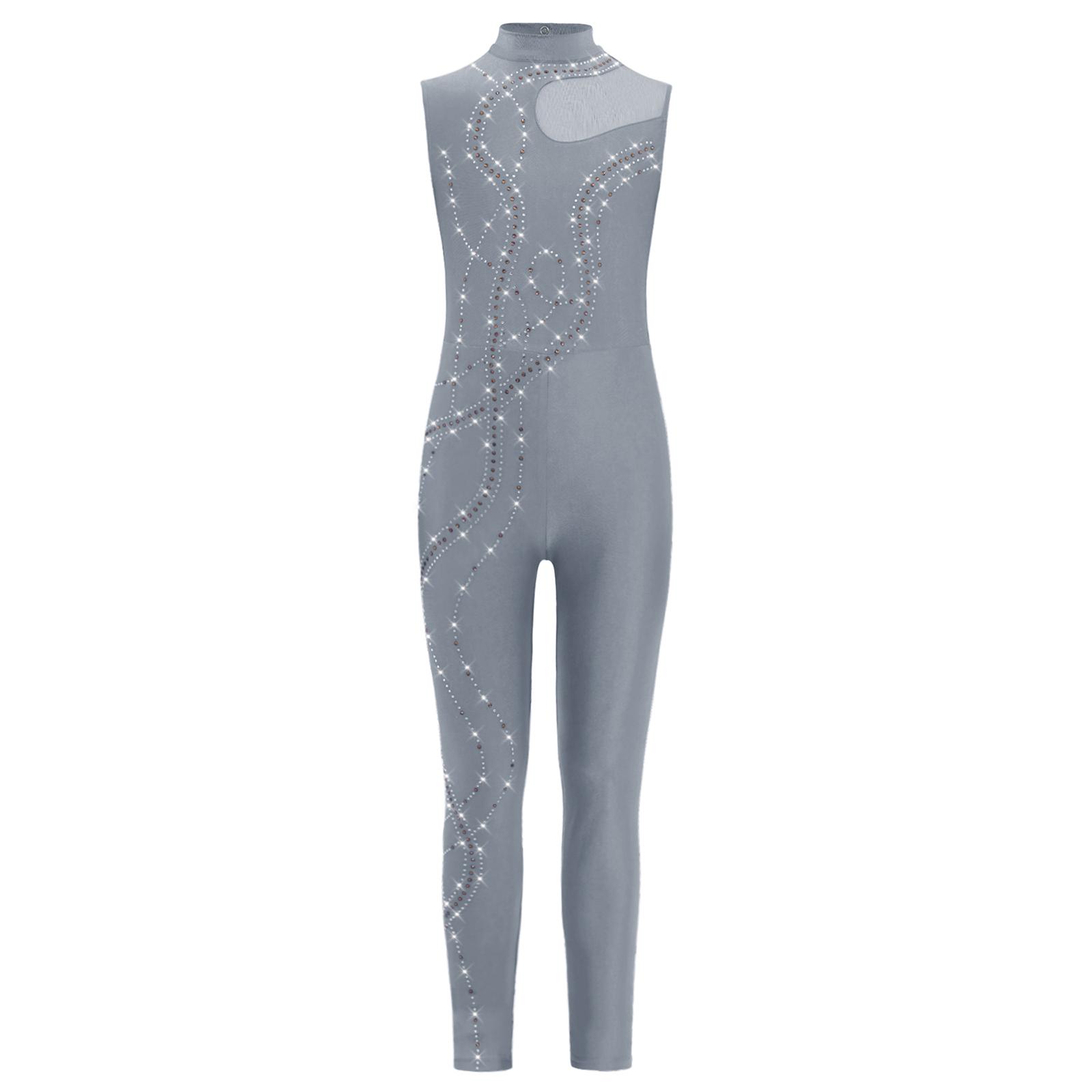 

Дівчачий танцювальний боді з блискучими стразами, прозорою сітчастою вставкою печворк, для виступів на все тіло 5-6 Years сірий