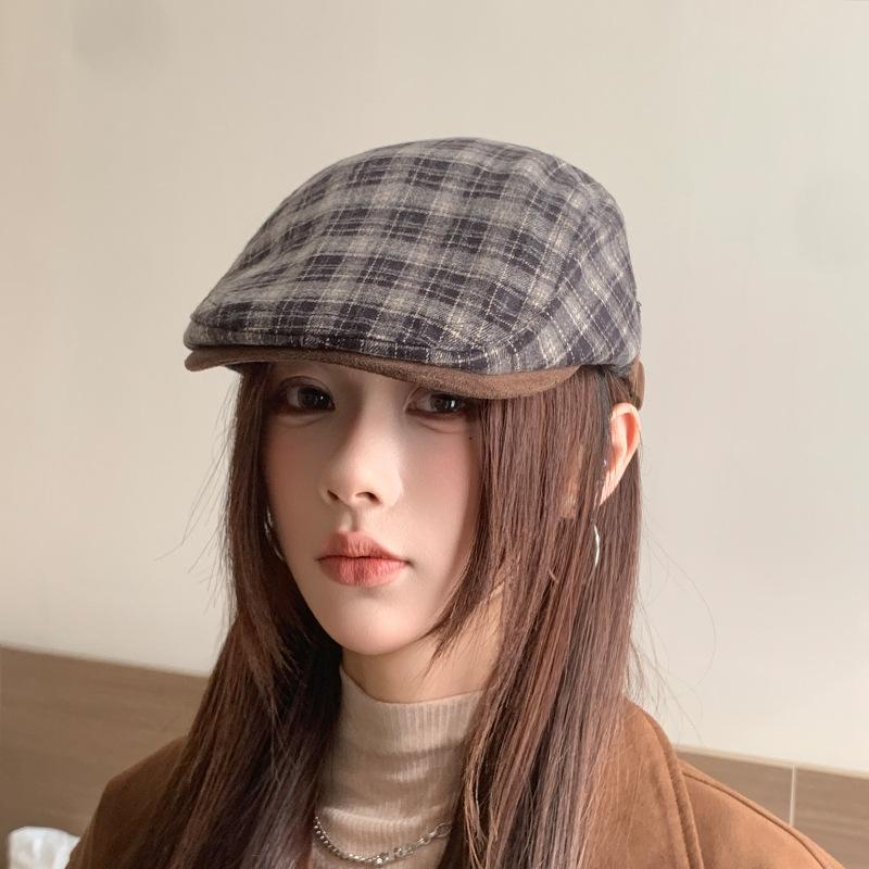 Japanese Retro Plaid Forward Hat Women's Autumn Versatile Newsboy Hat Temperament Versatile Small Duck Tongue Beret