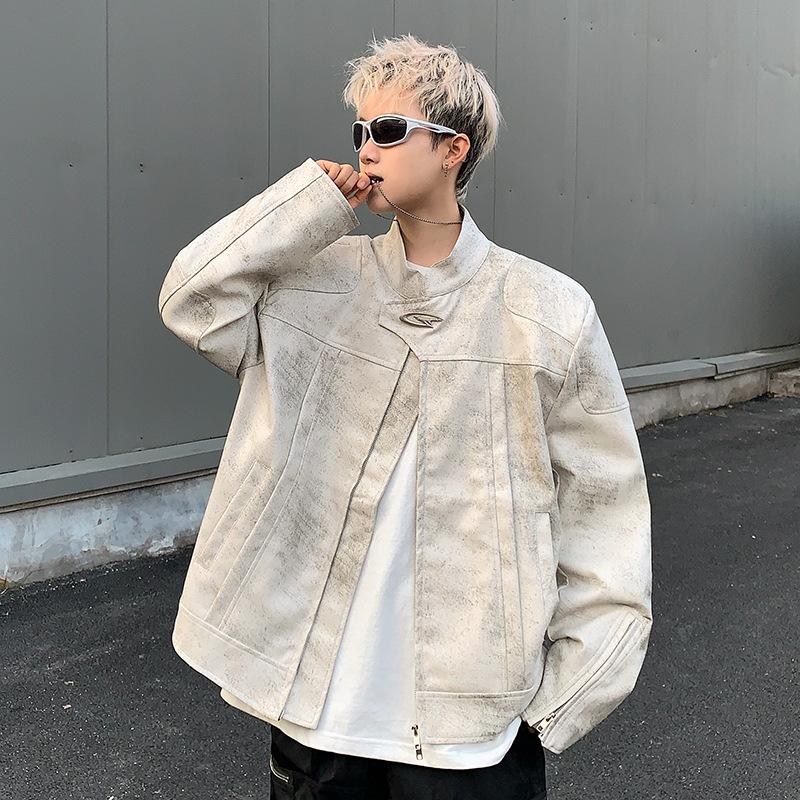 

Мужская кожаная куртка для мотоцикла, осенне-зимняя, уличная, красивая, короткая куртка со стойкой, наплечники, кожаная одежда XXL белый