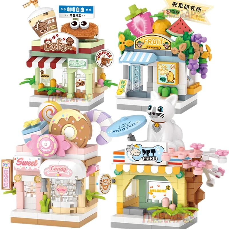 Restaurant Dessert Coffee Pet Fruit Store Street View Food House Building Blocks Kit Girls Bricks Model Kids Toy Boy Child Gifts