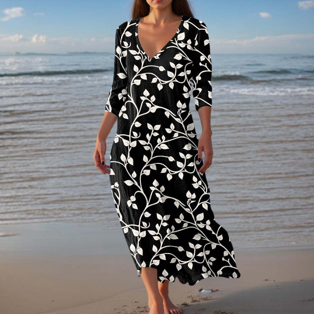 Women's Vintage Print Tunic Waisted Midi Dress Summer Casual 3/4 Sleeve Dress Dress