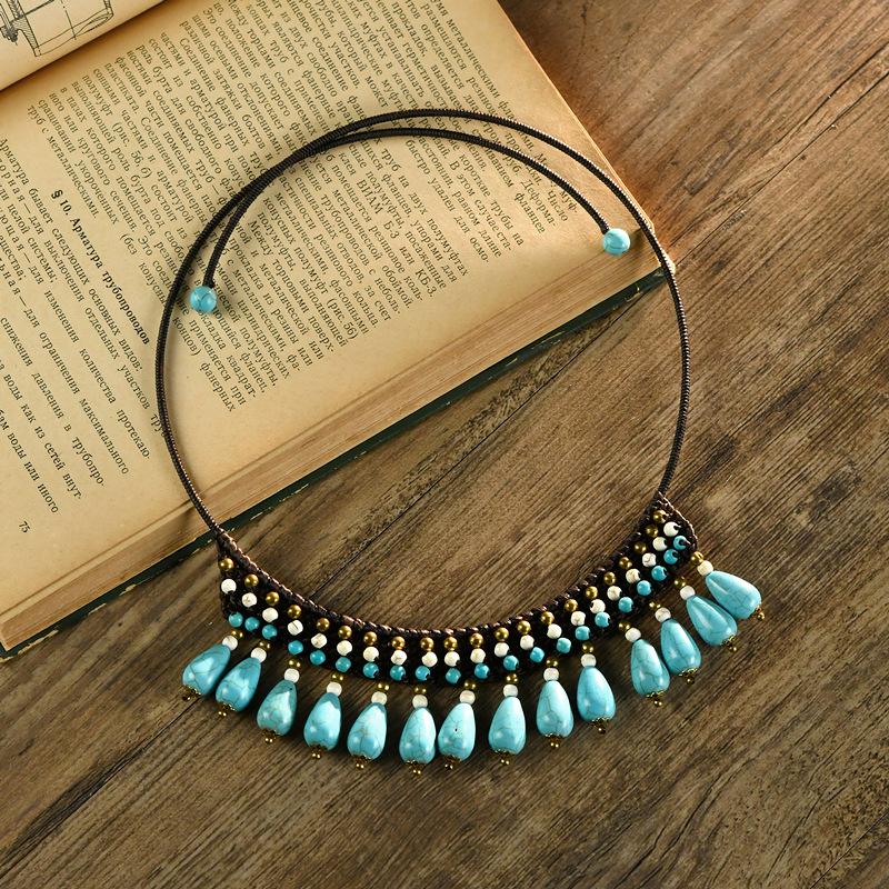 Ethnic Style Collar Water Drop Turquoise Tassel Female Retro Personality Bohemian Collarbone Chain Woven Necklace