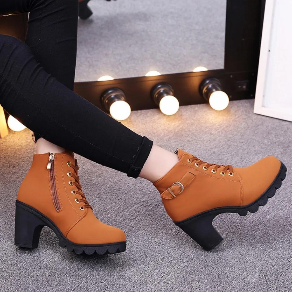 Women Pumps Boots High Quality Lace-up European New Spring Winter Ladies Shoes PU High Heels Boots Fast Delivery Platform Boots