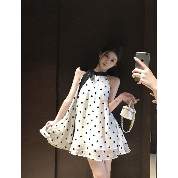 Gentle Wind Sweet Polka Dot French Neck Dress Female Sexy Streamer Summer Casual Loose Sleeveless Short Skirt