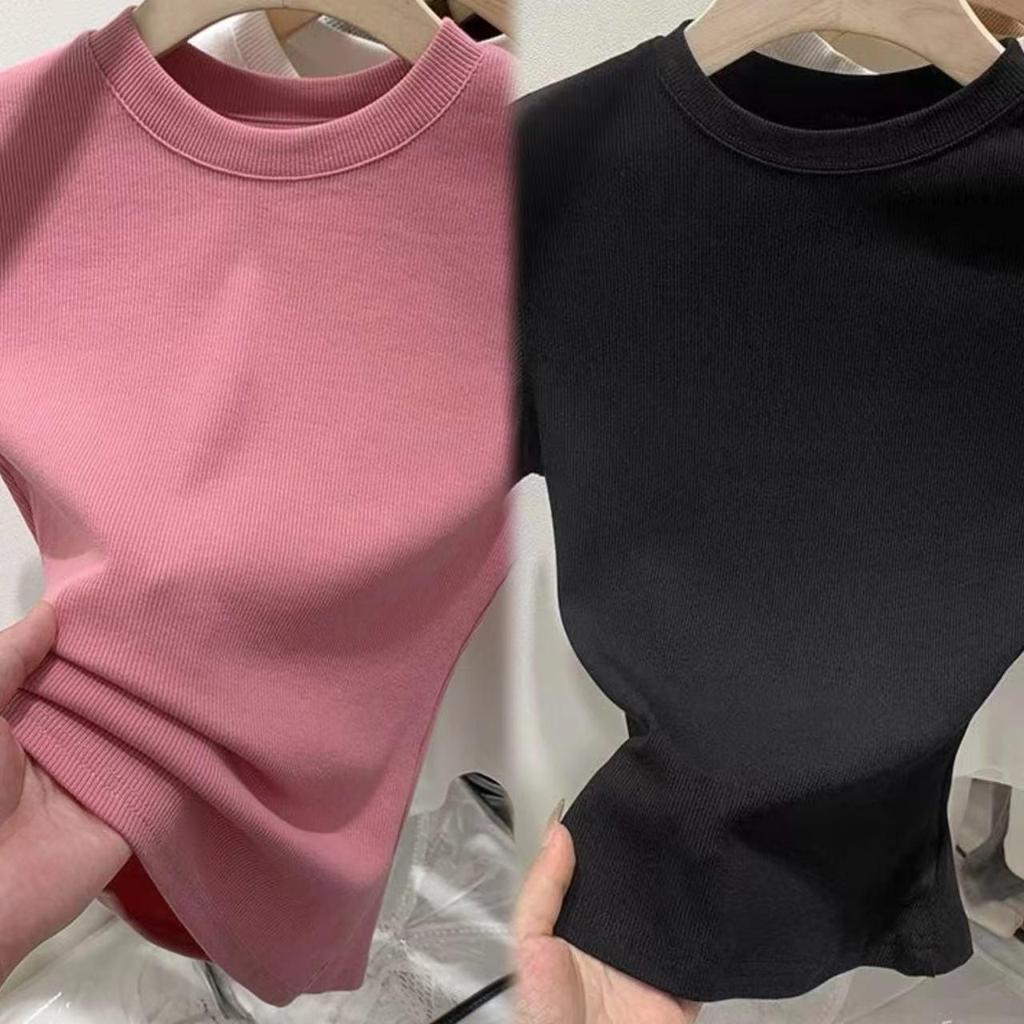 Dopamine Thread Slimming Women's Summer Short Sleeve T-Shirt – Versatile Straight Shoulder Round Neck