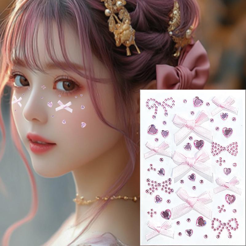 Bow  Tattoo Sticker Face Diy Makeup Red Diamond Pearl Bows Temporary Tattoo Sticker Self Adhesive Party Festival