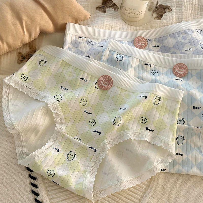 

Антибактериальные трусики из чистого хлопка с милым принтом плюшевого мишки, треугольные женские трусики с поясом и на бедрах XL зелёный