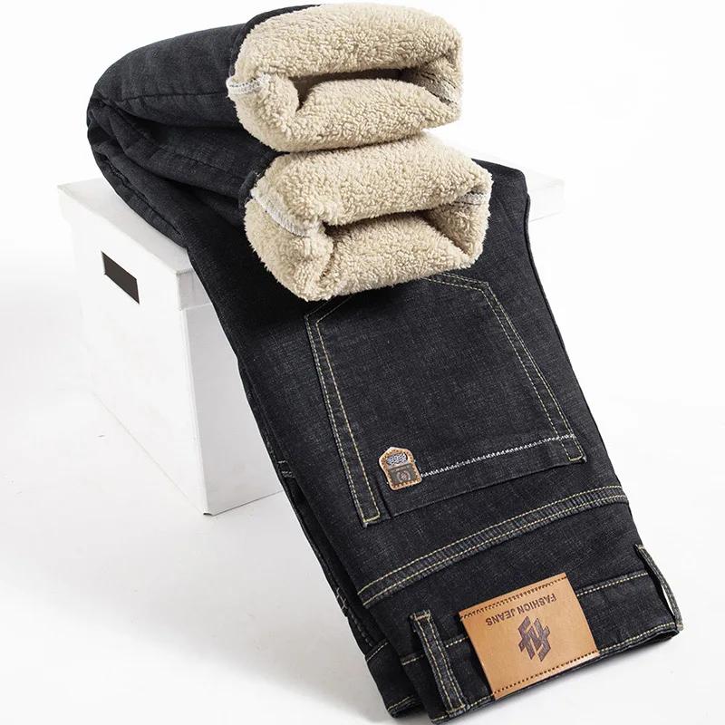 Winter Lamb Fluff Denim Straight Pants Men Thicken Big  Jeans High Waist Stretch Jeansy Fleece Lined Warm Slim Vaqueros