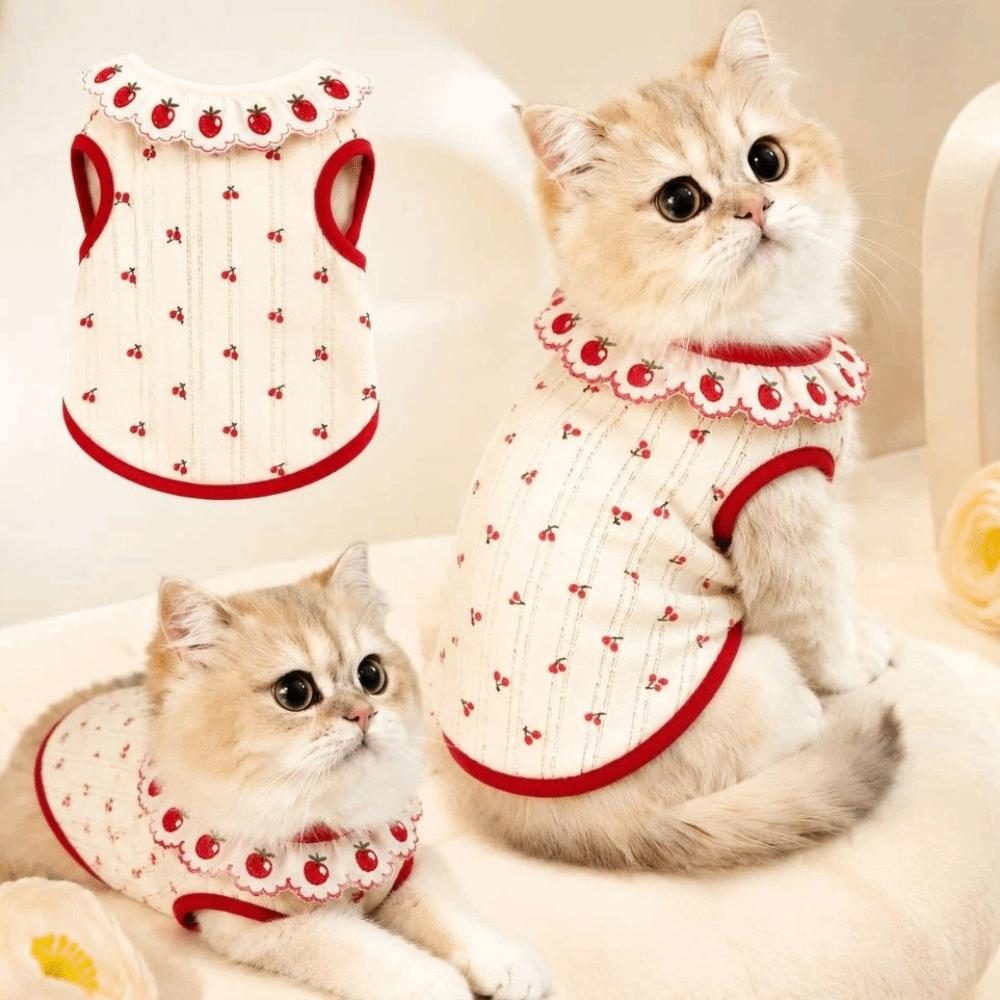Sweet Cat Pullover Cherry Pattern Pet Shirt Cute Cat Flower Edge Vest Pet Clothing