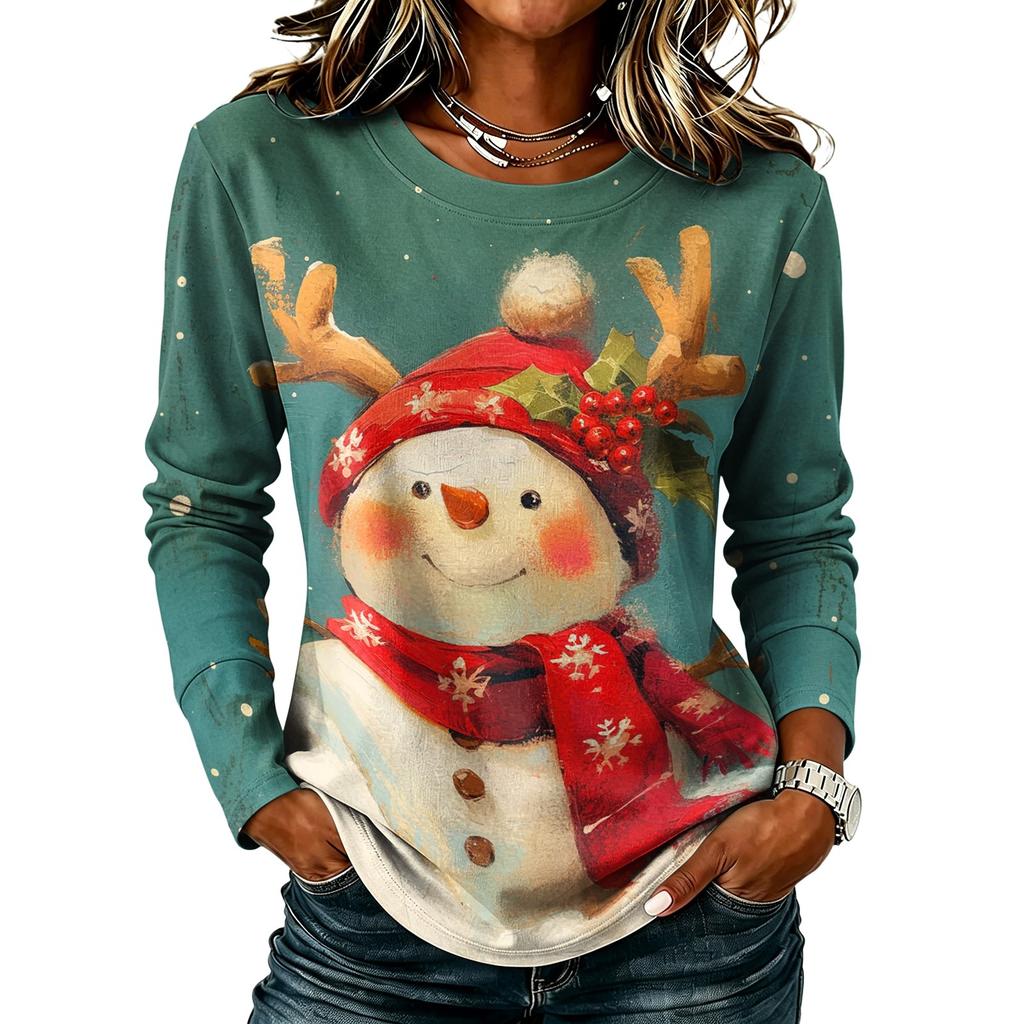 Women's Stylish Casual Christmas Print Long Sleeve Neck Top for Winter Holiday