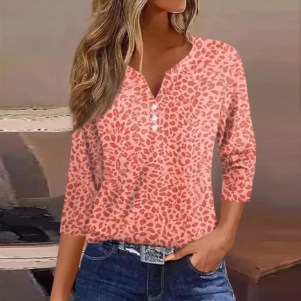 Women's Casual V-Neck Leopard Print 3/4 Sleeve Button T-Shirt Top