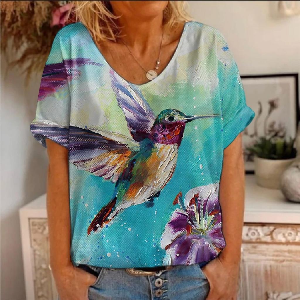 New animal bird 3d printing hummingbird t-shirt women's short-sleeved V-neck T-shirt women's clothing