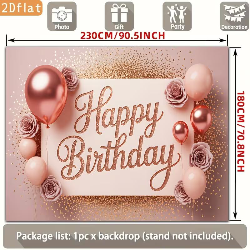 2D Happy Birthday Photography Backdrop Elegant Rose Gold Glitter Balloon and Flower Background