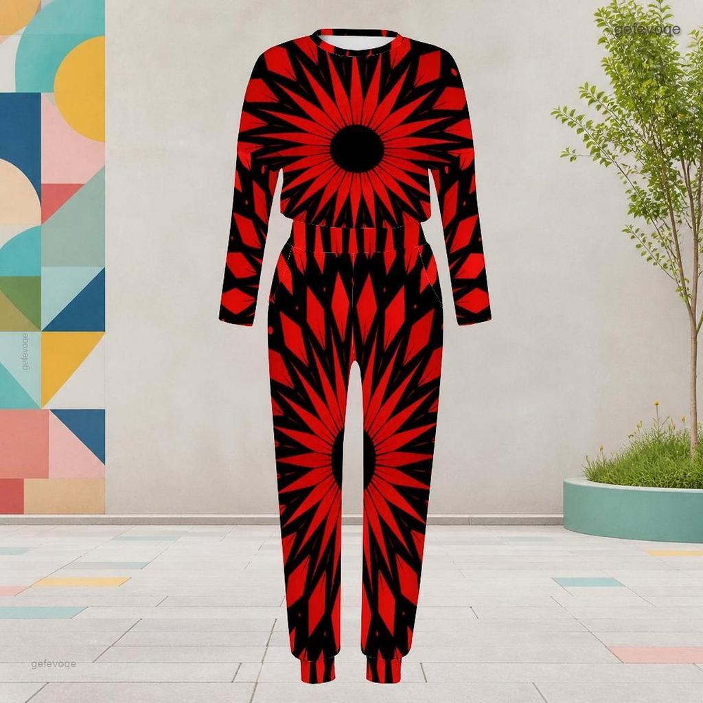 Women Plus Size Round Neck Long Sleeve Printed Two Piece Set Cuffed Top Cuffed Pants With Pockets