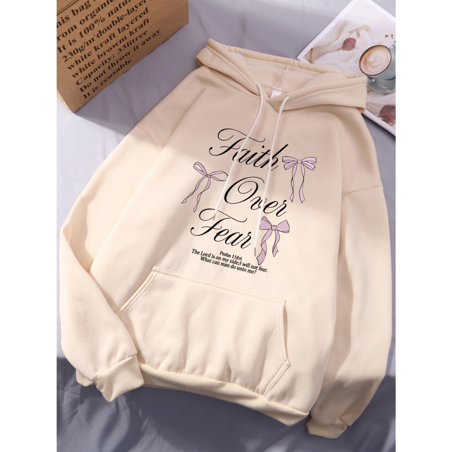 

Pink Bow Faith Over Fear Printing Hoodies Women Winter Warm Hooded Fashion Pocket Tops Comfortable Loose Woman Clothes XL