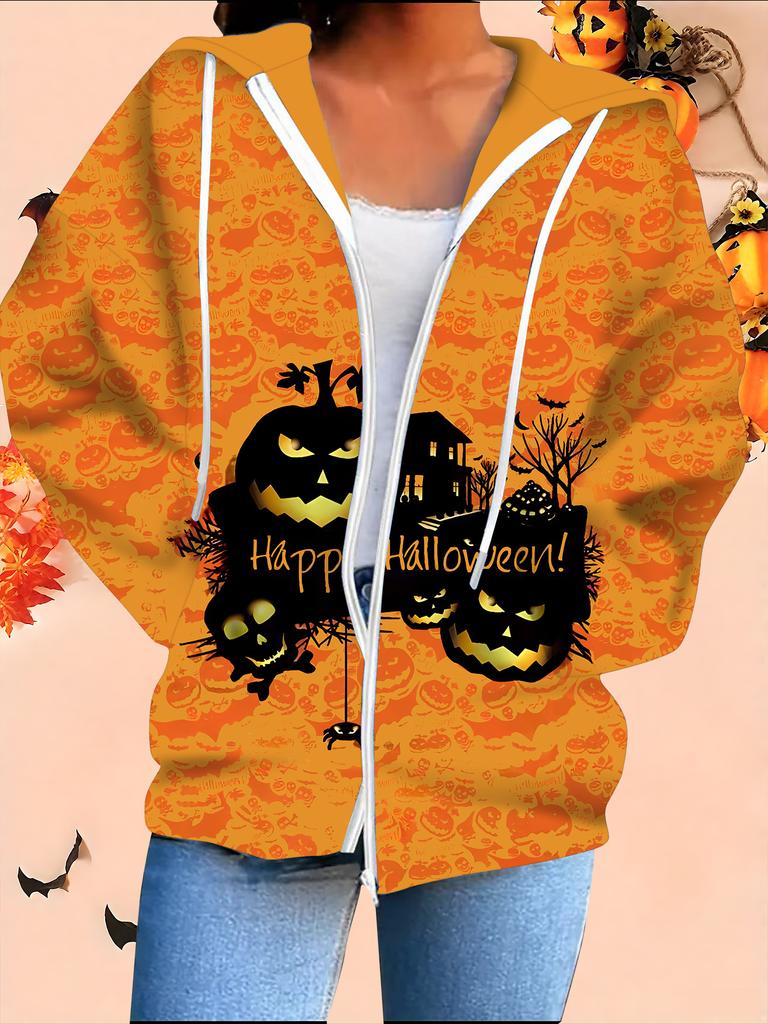 Halloween 3D Printed Hooded Cardigan Plus Size Autumn Winter Retro