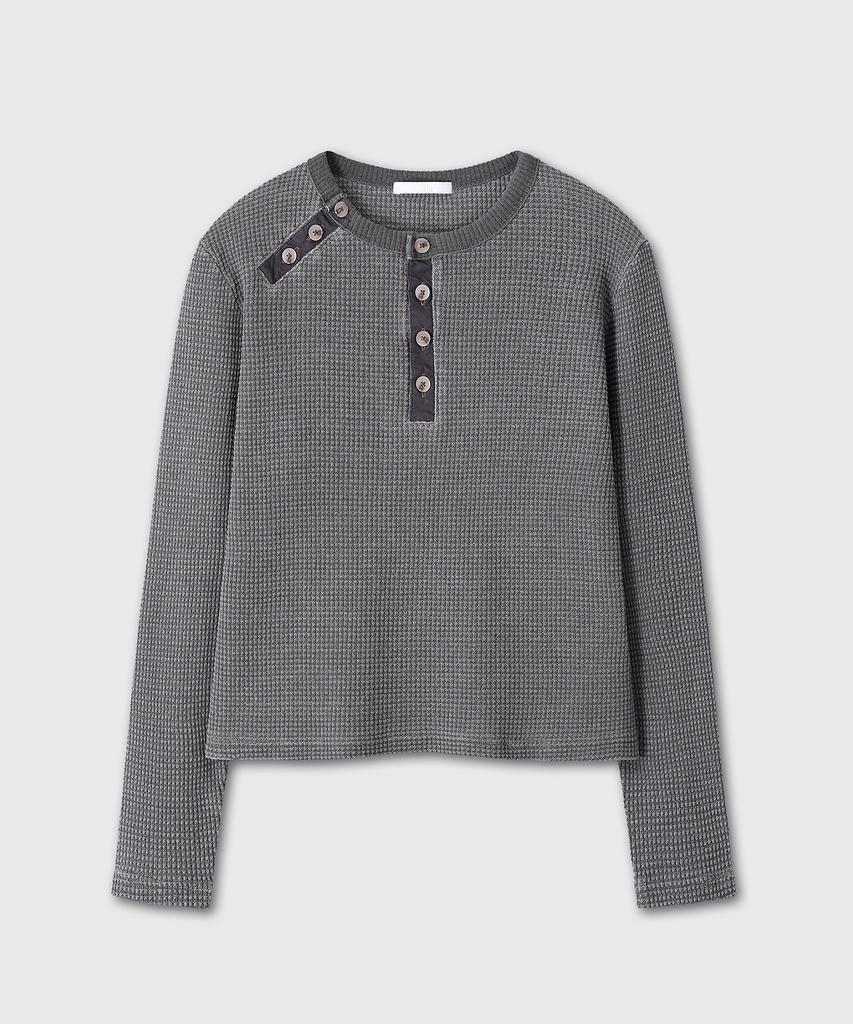 Daibeuinumeon Waist Button Detail Waffle Henley Neck (Charcoal)