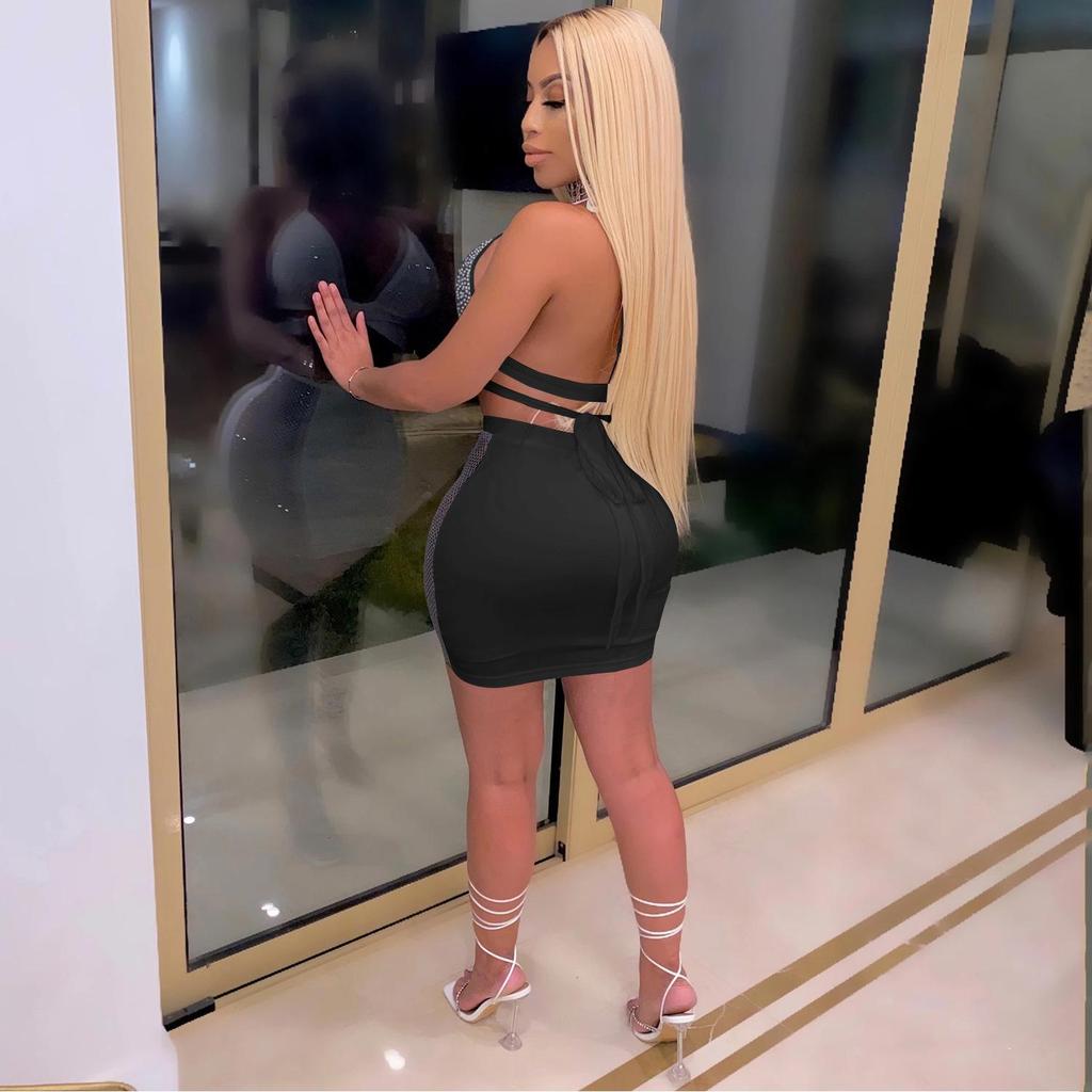 C3645 Fashion European & American Nightclub Skirt: Hot Drilling, Cross Straps, Backless Two-Piece Set