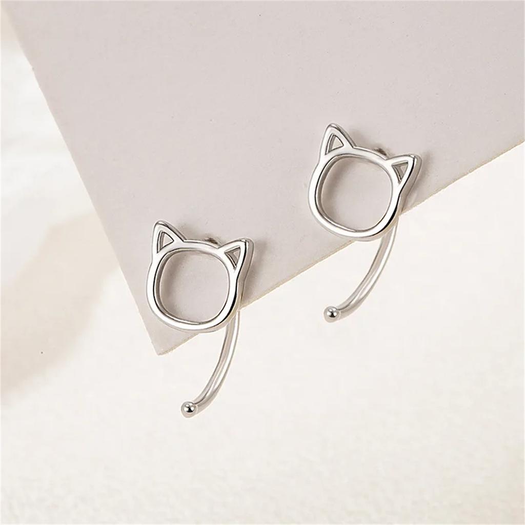 Hollow Cute Cat Stud Earrings for Women And Girls Fashion Silver Color Hypoallergenic Jewelry for Teens