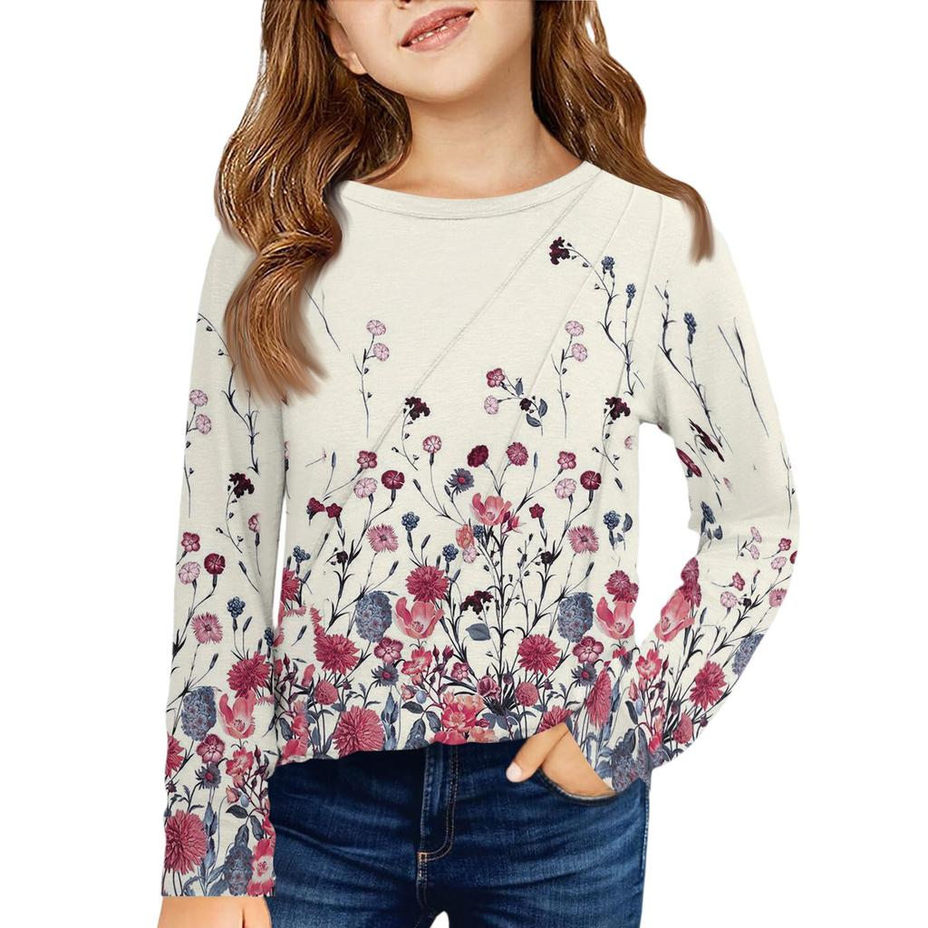Girls' Long Sleeve Tee - Pleated Round Neck Casual Top